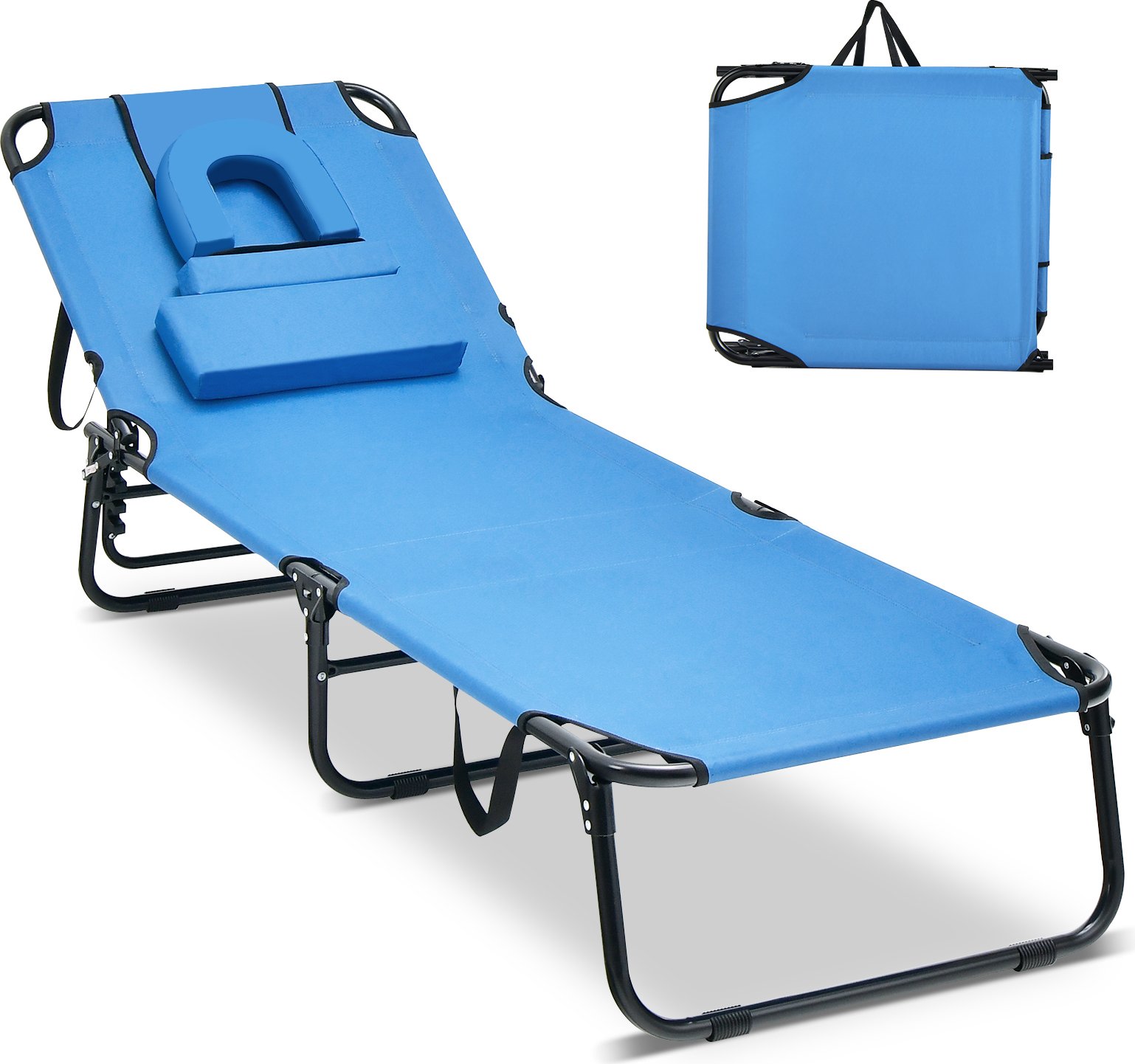 Leżak COSTWAY z otworem na twarz, składany leżak ogrodowy z 3 zdejmowanymi poduszkami i oparciem regulowanym w 5 pozycjach, leżak plażowy do ogrodu i basenu (1, niebieski, M)
