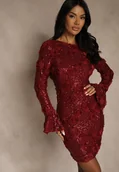 Sukienki - Bordowa Dopasowana Sukienka Ozdobiona Cekinami i Kwiatami 3D Raweda - Renee - miniaturka - grafika 1