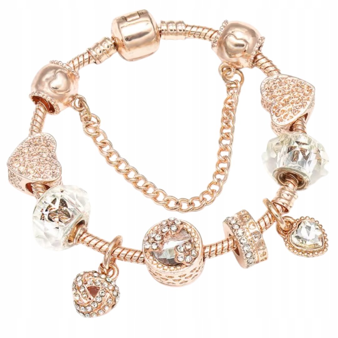 Bransoletka 20 cm kolor różowego złota serca i charmsy glamour