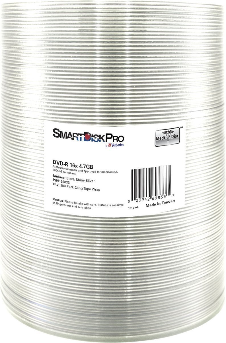 SmartDisk DVD-R Blank Shiny Silver 69833 4.7GB 16x wrap 100-pack without printing capability 12cm for data archiving