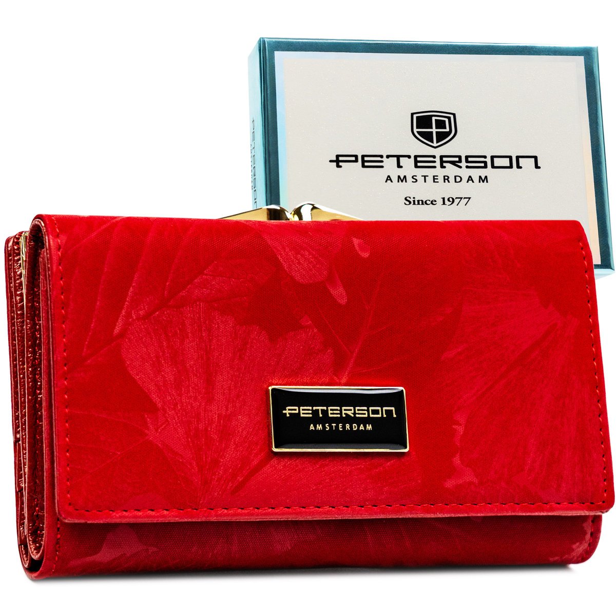 Portfel damski na karty i dokumenty PETERSON RFID rozbudowany poziomy na zatrzask i bigiel skóra naturalna i ekologiczna czerwony elegancki pudełko ..