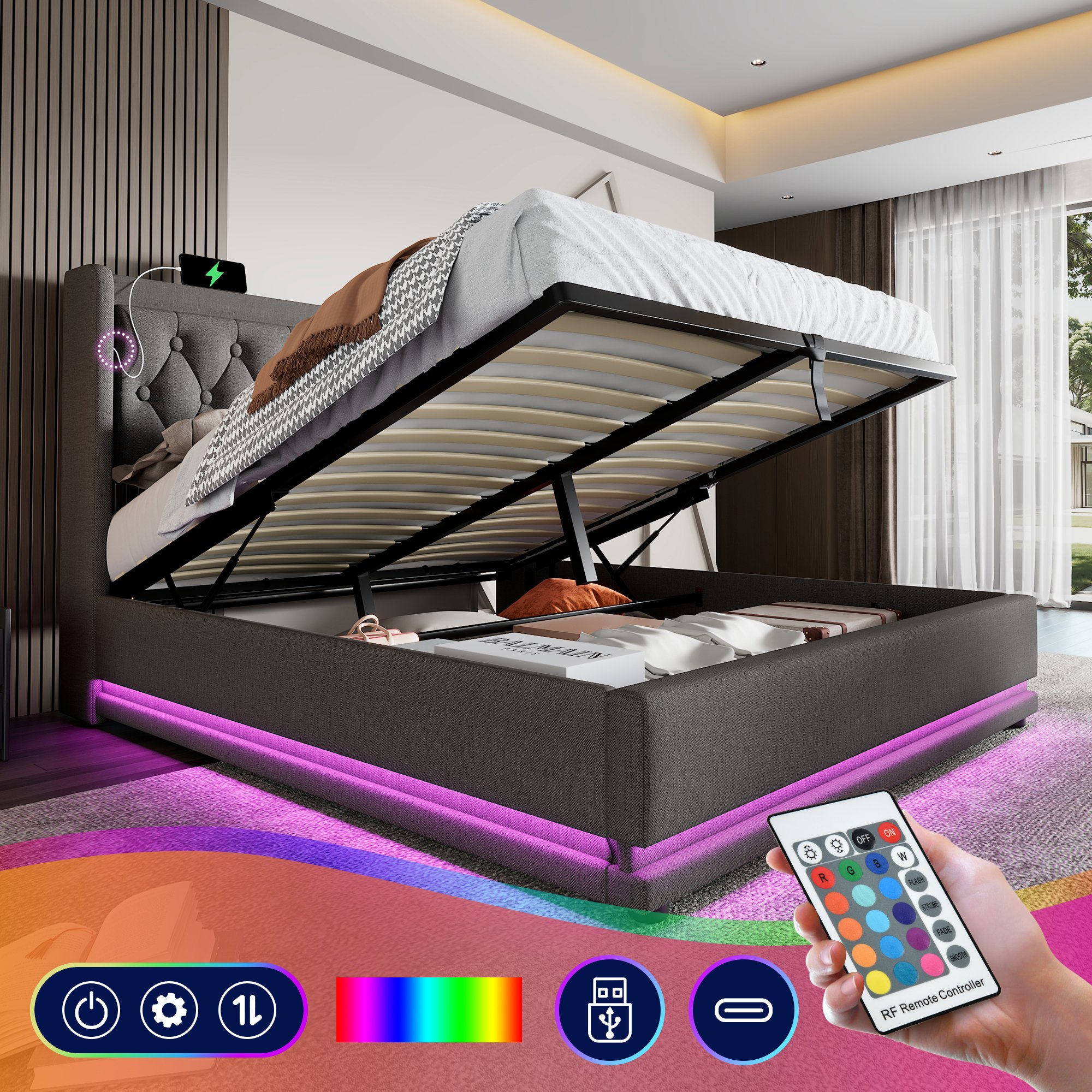 Łóżko tapicerowane Flieks 160x200cm z USB i Type-C, podwójne łóżko młodzieżowe z LED, hydrauliczne łóżko sprężynowe ze stelażem z listew, bawełna, szary