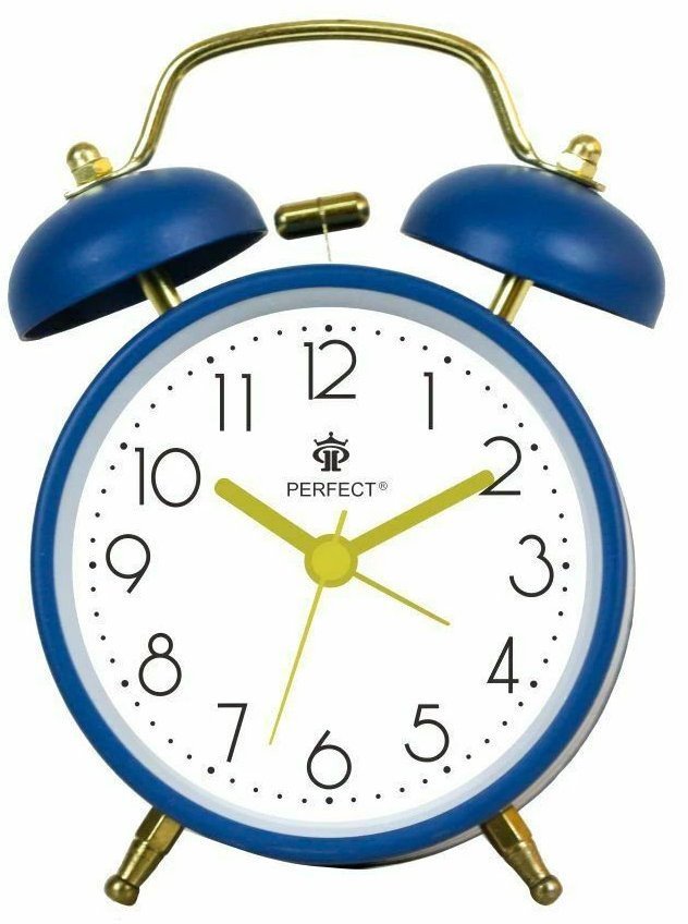Budzik Perfect TB09504 niebieski głośny alarm cichy mechanizm .