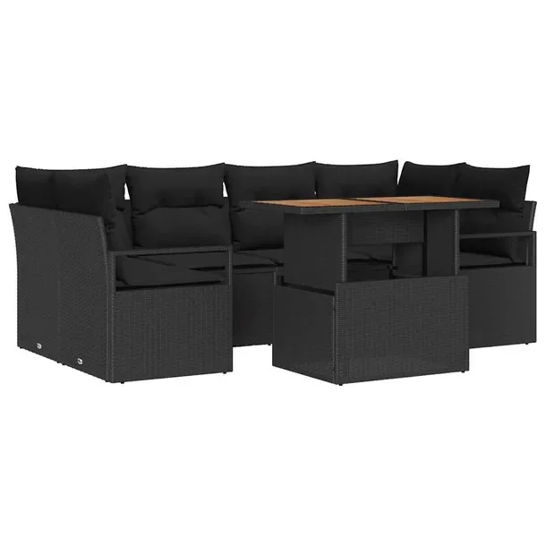 Zestaw Sofy Ogrodowej Modularnej Rattan Czarny, 5 Osób, Stół i Poduszki