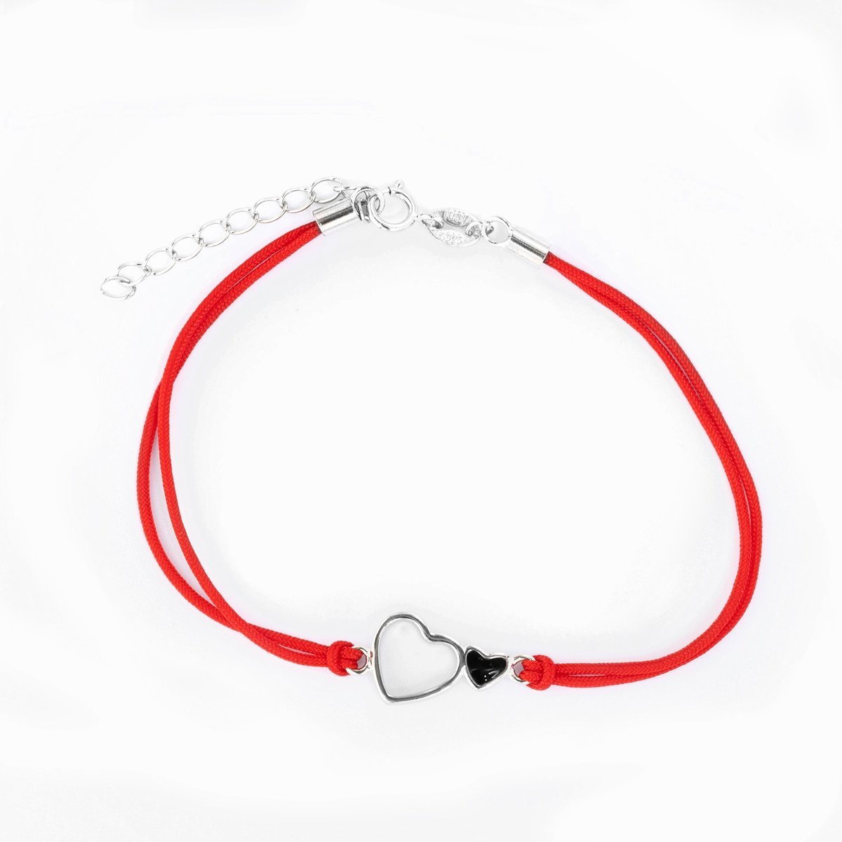 Srebrna bransoletka 925 Podwójne Serca Czerwony Sznurek