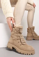 Botki damskie - Ciemnobeżowe Traperki z Imitacji Zamszu ze Sznurowaniem i Futerkiem Cynthara - miniaturka - grafika 1