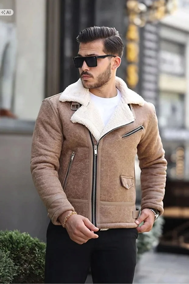 MĘSKA KURTKA ZAMSZOWA Z KOŻUSZKIEM W STYLU RETRO L 5IA