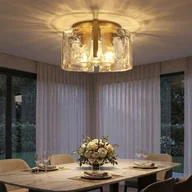 Lampy sufitowe - Lampa Sufitowa Plafon Złoty 3-Punktowy ze Szkłem Młotkowanym + 3 Żarówki LED Półwpuszczana oprawa sufitowa– Nowoczesny Żyrandol do Salonu Ø38 cm - miniaturka - grafika 1