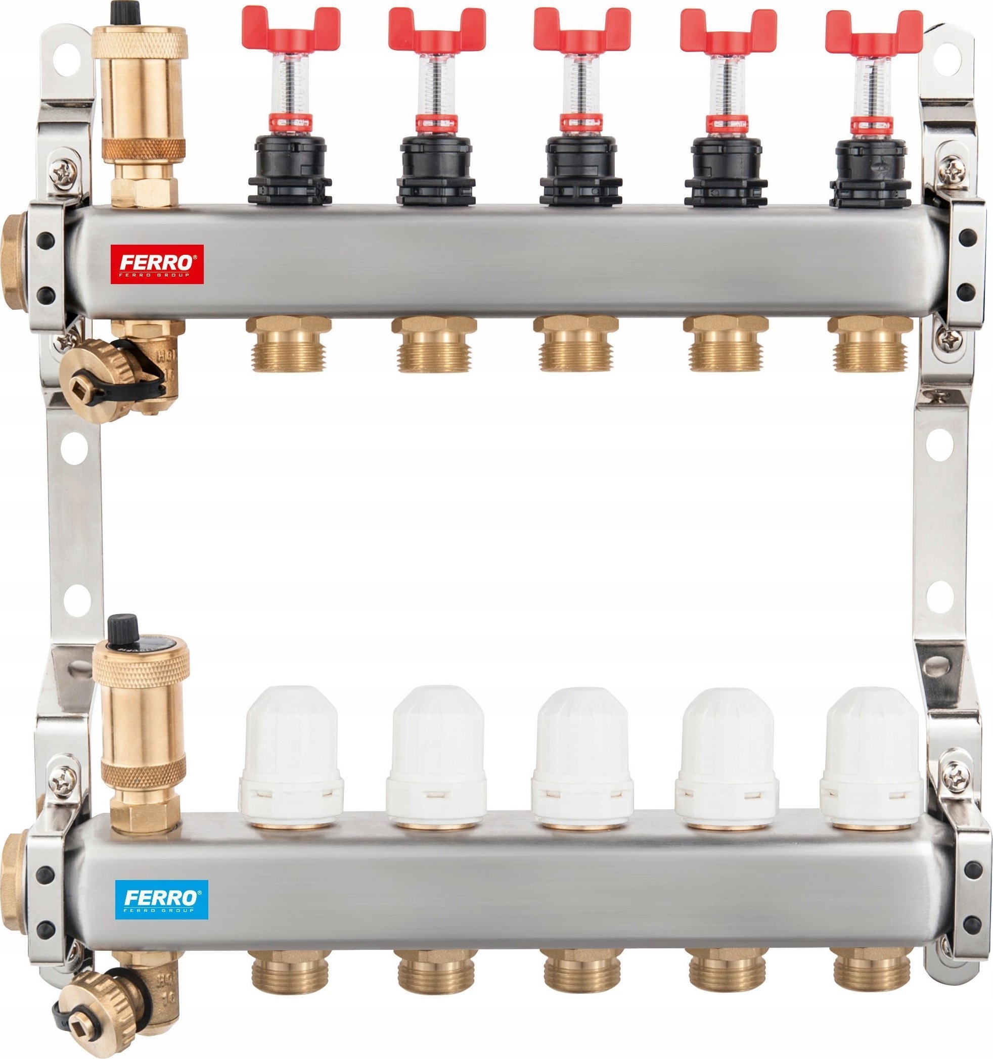 FERRO Rozdzielacz ze stali nierdzewnej 1 3-drogowy z zaworami termostatycznymi, przepływomierzami, odpowietrznikami automatycznymi, zaworami spustowymi, nyplami 3/4