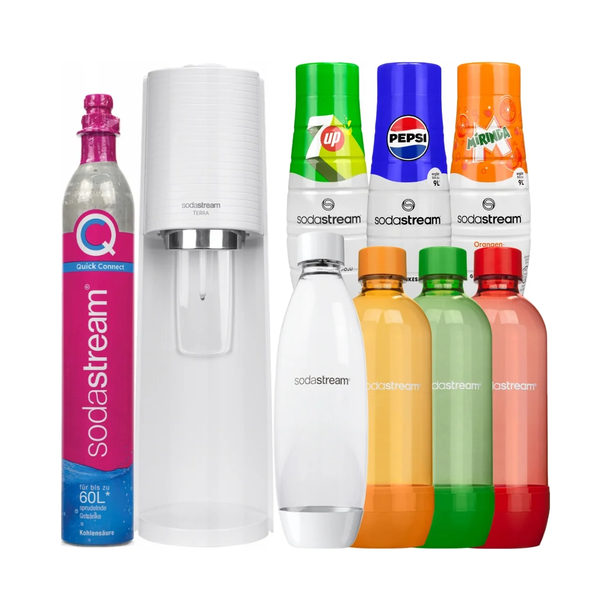 SATURATOR SODASTREAM TERRA BIAŁY 4 BUTELKI + 3 SYROPY PEPSI MIRINDA 7UP