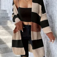 Bluzy damskie - TEMU Kardigan Damski Elegancki w Blokach Kolorów – Miękka, Elastyczna Bluza z Otwartym Przodem i Kieszeniami, Czarny/Brązowy/Beż/Szary/Biały, - miniaturka - grafika 1