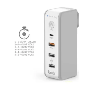 Budi - Ładowarka sieciowa z obrotową wtyczką i timerem, 3x USB, 1x USB-C PD, 48W, QC3.0 (Biały) - Ładowarki do telefonów - miniaturka - grafika 3