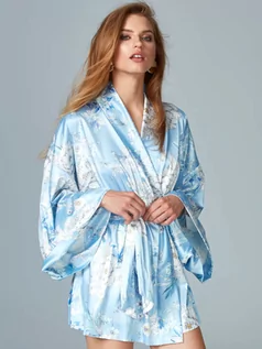 Szlafroki damskie - Satynowe kimono z nadrukiem w kwiaty Good Mood - niebieski - grafika 1