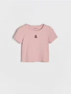 Bluzki dla niemowląt - Reserved - Prążkowany t-shirt z haftem - pastelowy róż - miniaturka - grafika 1