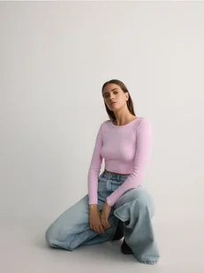 Reserved - Krótki longsleeve z bawełną - pastelowy róż - Koszulki i topy damskie - miniaturka - grafika 1