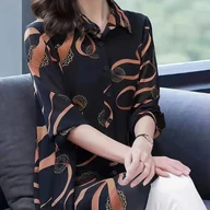 Koszule damskie - TEMU Koszula Damska z Eleganckim Geometrycznym Wzorem i Długimi Rękawami - Lekki Półprzezroczysty Top na Guziki w Czarno-Pomarańczowe Kwiaty, Idealny - miniaturka - grafika 1