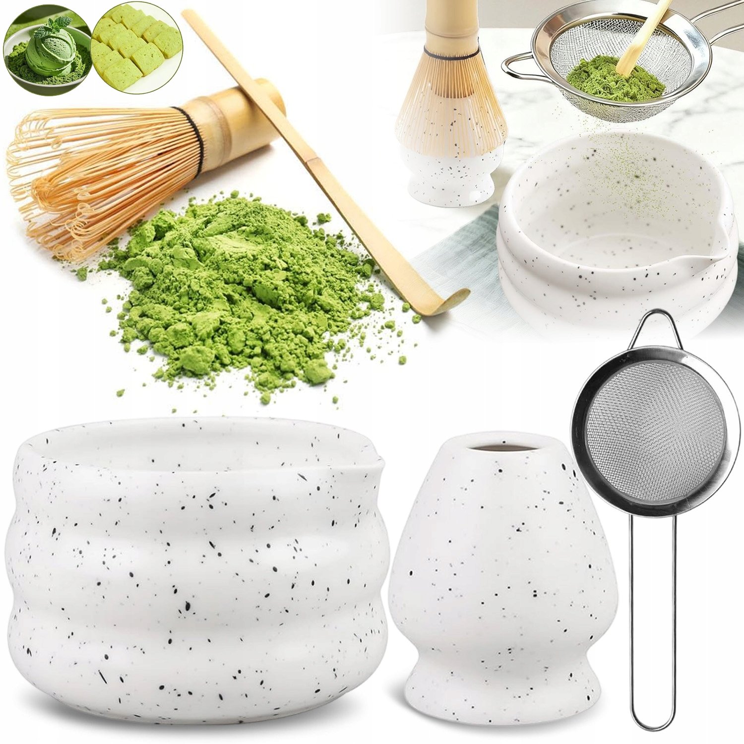 Zestaw Prezentowy Do Herbaty Matcha Czarka Miotełka Podstawka Łyżeczka 5SZT