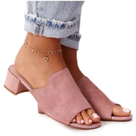 Klapki i japonki damskie - Zamszowe Klapki Na Obcasie Sergio Leone KL313 Różowe - miniaturka - grafika 1