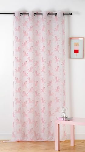 LINDER Zasłona z motywem jednorożca - tkana i barwiona we Francji - Styl dziecięcego jednorożca - Kolor cukierkowo-różowy - wykończenie oczek z lufy karabinowej - 150 x 240 cm - 100% poliester