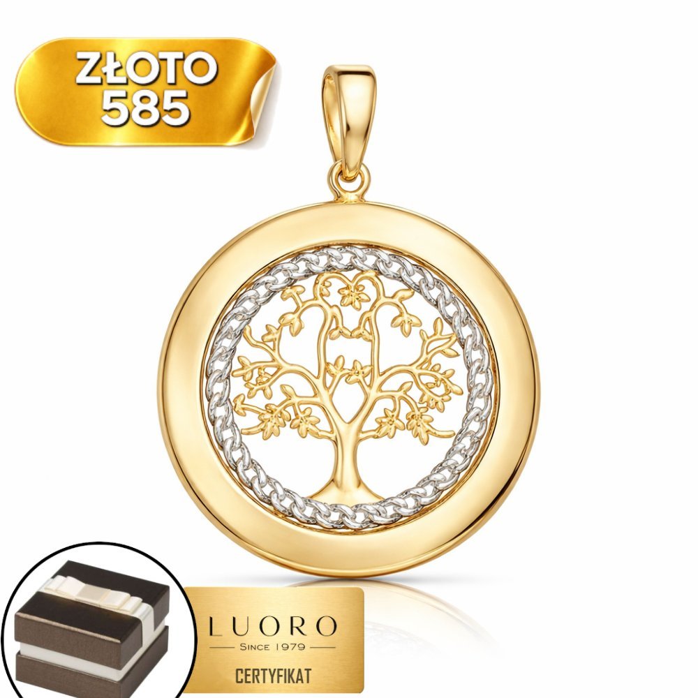 ZAWIESZKA ZŁOTA 585 14K DRZEWKO SZCZĘŚCIA KÓŁKO DWUKOLOROWA 33 MM