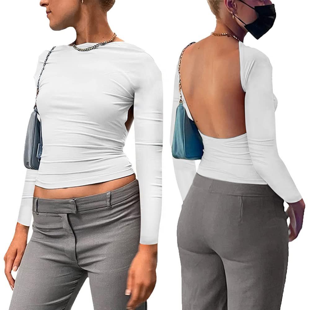 KOEMCY Długi Rękaw Kobiety Sexy Backless Top Koszulka Bluzka Solid L Biały