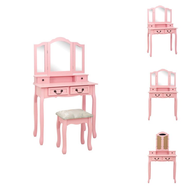 vidaXL Toaletka z taboretem różowa 80×69×141 cm drewno Paulownia - Toaletki