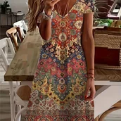 Inne - TEMU Etniczna Sukienka Z Kwiatowym Nadrukiem W Kształcie Litery V, Swobodna Sukienka Z Krótkim Rękawem Na Wiosnę I , Odzież Damska - miniaturka - grafika 1