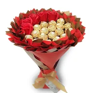 Zestawy upominkowe - Słodki bukiet czerwony i złoty z Ferrero Rocher i 5 mydlanych róż (średnica 20 cm) - miniaturka - grafika 1