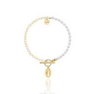 Bransoletki - Bransoletka srebrna pozłacana z perłami i odlewaną muszelką kauri - miniaturka - grafika 1