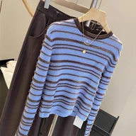 Swetry damskie - TEMU Elegancki Sweter Damski w Paski - Średnio Elastyczny, Kolorowy, Dopasowany, Długi Rękaw, Miękki i Ciepły, Brązowe Poziome Paski, Casualowa Moda - miniaturka - grafika 1