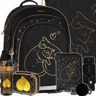 Plecaki szkolne i tornistry - Plecak Tornister Szkolny Dla Dziewczynki Czarny Złoty Z Kotkiem W Serduszka - miniaturka - grafika 1