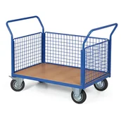 Wózki magazynowe - Wózek platformowy - 3 burty z siatki, 1000 x 700 mm, nośność 300 kg, koła 160 mm z czarną gumą - miniaturka - grafika 1