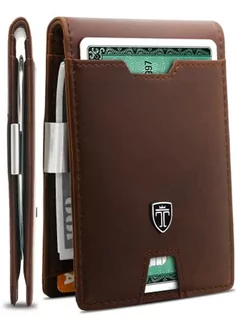Portfele - Travando Austin smukły portfel z klamrą na pieniądze, ochrona RFID, dla mężczyzn - brązowy - mały - grafika 1