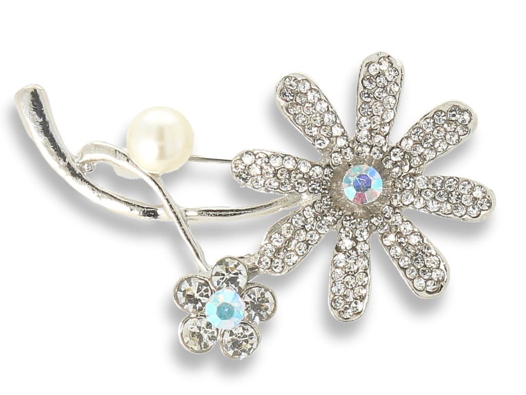 Broszka Damska Srebrna Kwiatek Z Perełką I Cyrkoniami