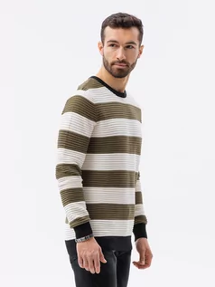 Swetry męskie - Sweter męski w paski - oliwkowy V4 E189 - grafika 1