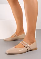 Baleriny - Beżowe Lakierowane Płaskie Balerinki Ozdobione Kwadratowym Noskiem i Paskami Mailine - miniaturka - grafika 1