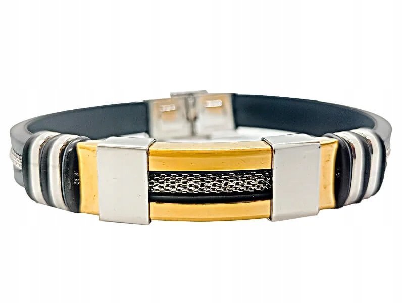 Bransoletka męska ze stali chirugicznej pozłacanej i kauczuku na prezent