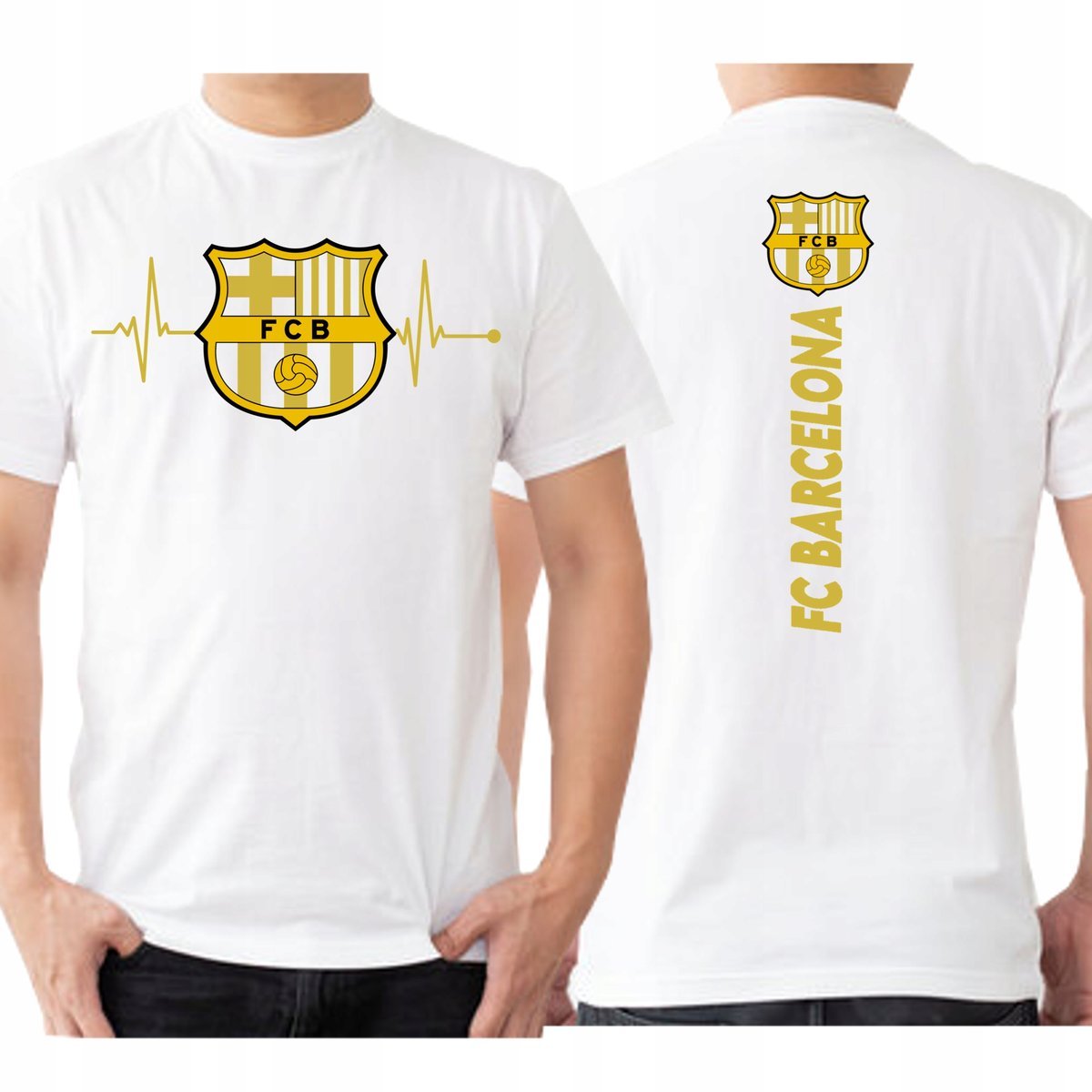 KOSZULKA FC BARCELONA LINIA ŻYCIA ZŁOTY NADRUK PREZENT PRZÓD TYŁ XL 3462