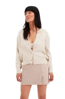 Swetry damskie - Trendyol Damski sweter rozpinany z plisą guzikami gładki dopasowany kardigan, kamień, M, KAMIEŃ, M - grafika 1