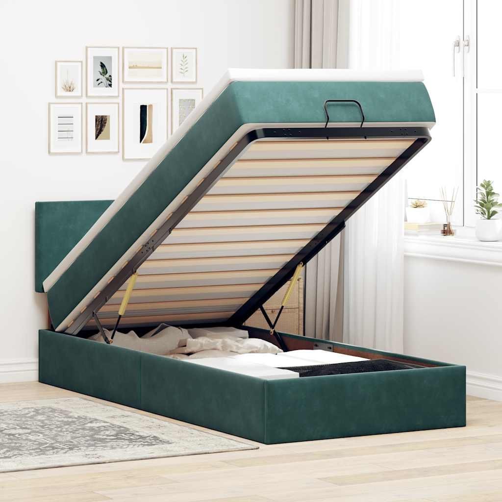 Łóżko otomana z materacem i LED, ciemnozielony 90x200cm aksamit