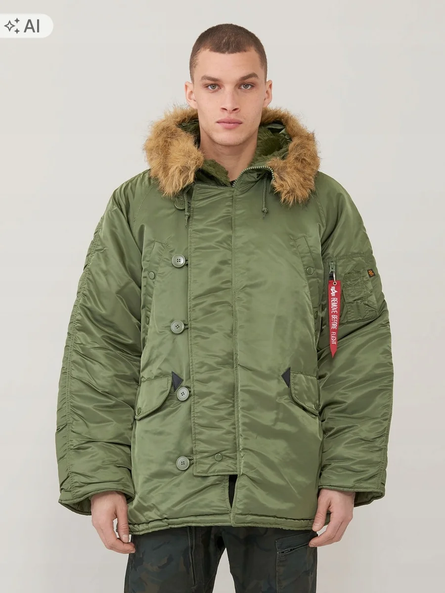 ALPHA INDUSTRIES KHAKI PARKA MĘSKA Z KAPTUREM I FUTRZANYM KANTEM M 12FA