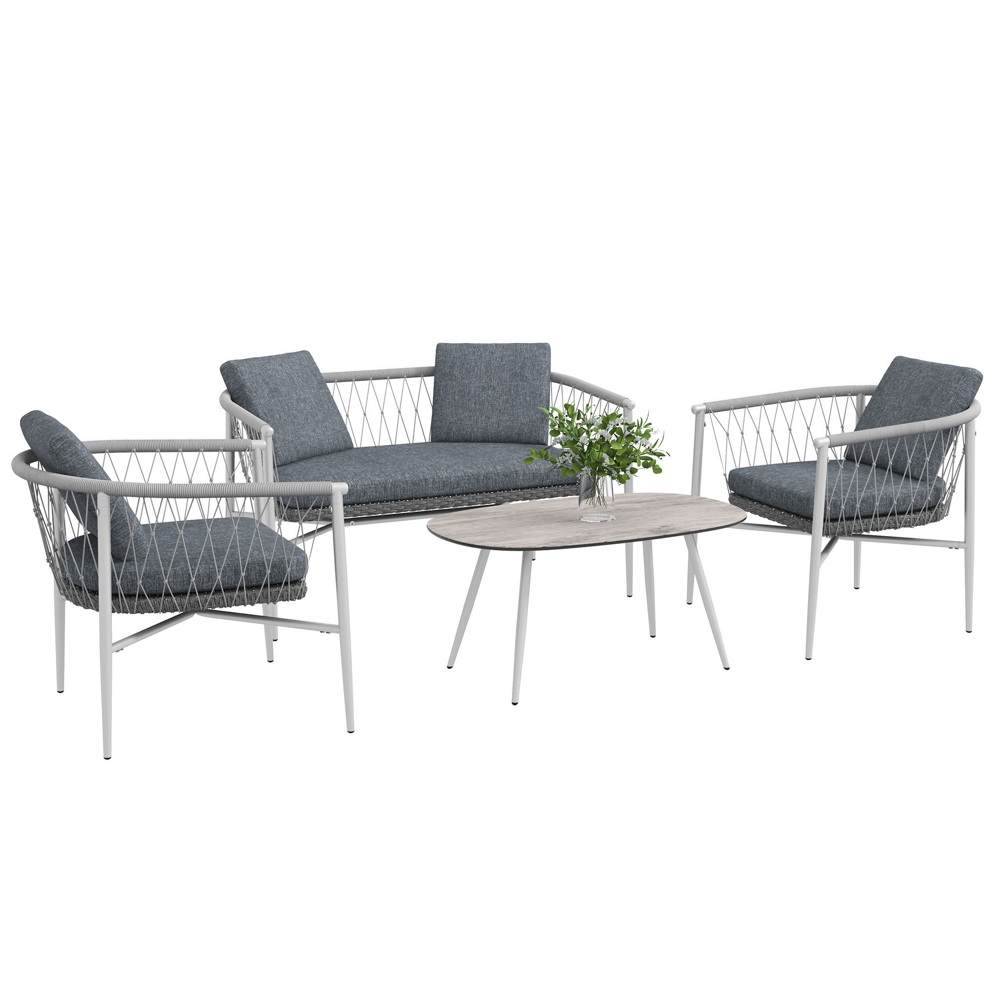 Outsunny 4-częściowy rattanowy zestaw mebli ogrodowych, grupa wypoczynkowa z funkcją huśtawki, zestaw ogrodowy z 1 stolikiem kawowym, 2 fotelami, 1 dwuosobową sofą, poduszkami, zestaw wypoczynkowy do ogrodu, na taras, stalowy, szary