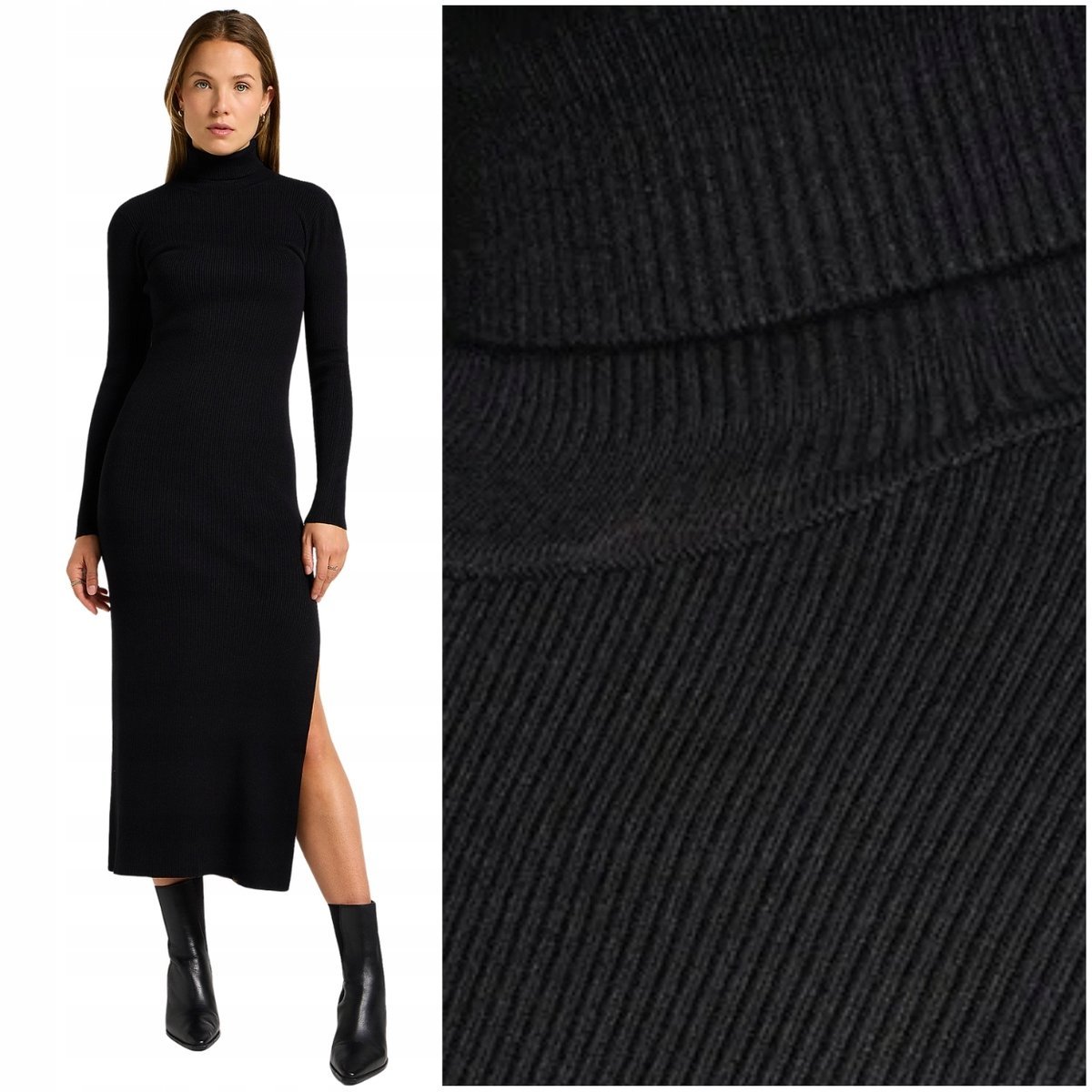 Lee KNITTED DRESS dopasowana długa czarna sukienka z golfem i rozcięciem M