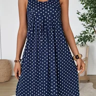 Sukienki - TEMU Damska francuska sukienka w stylu vintage z okrągłym dekoltem, bez rękawów, luźna spódnica o kroju litery A z granatowo-białym wzorem w kropki, - miniaturka - grafika 1