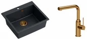 Zlewozmywaki z baterią - Quadron Zlewozmywak granitowy jednokomorowy 57*50*22 cm MORGAN 110 BLACK DIAMOND z miedzianym odpływem z baterią ANGELINA Q LINE z wyciąganą wylewką kolor miedziany - miniaturka - grafika 1