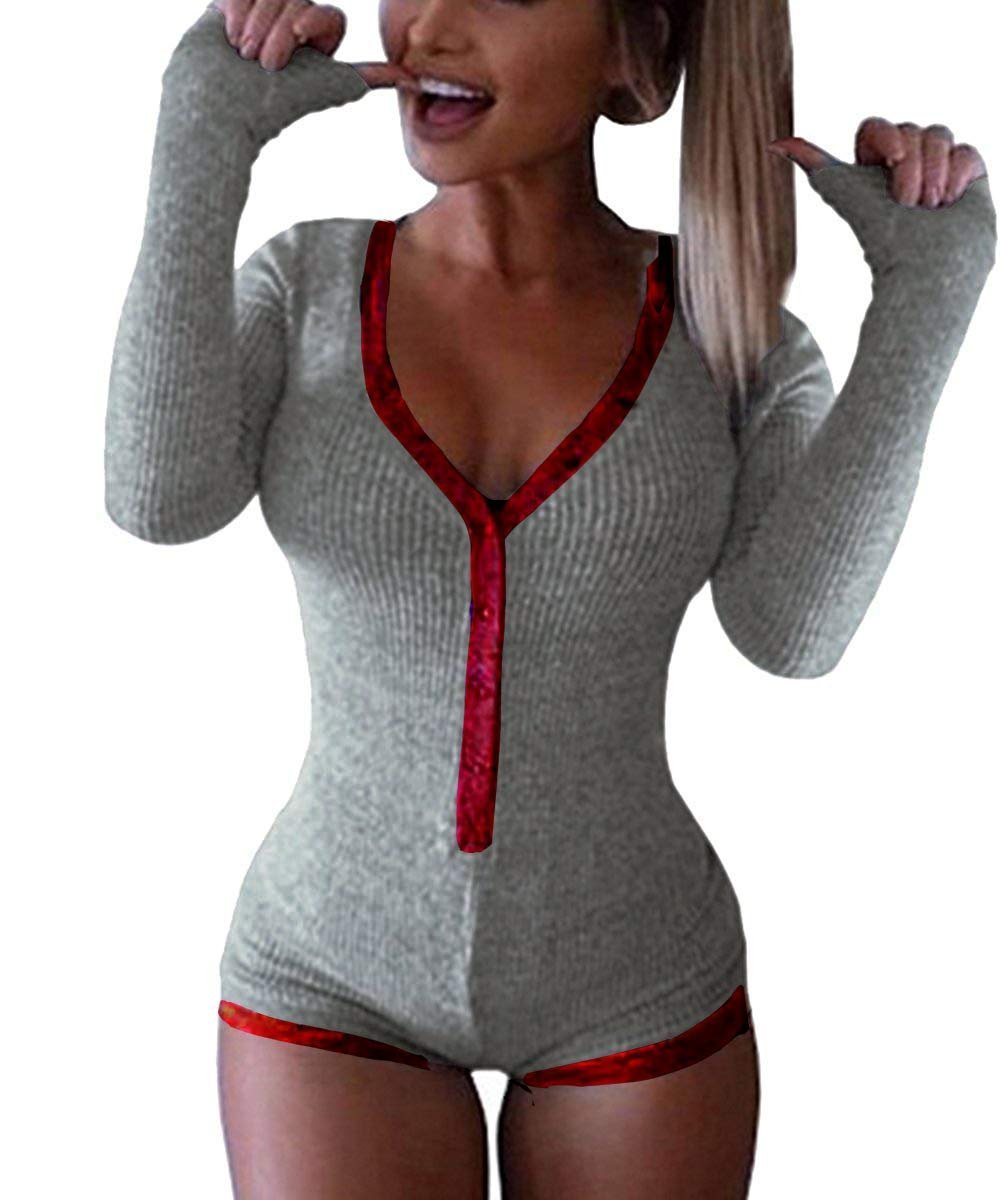 Body Damskie Długi Rękaw Dekolt w Serek Szaro Czerwone Elastyczne M