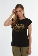 Koszulki i topy damskie - Czarny t-shirt ze złotą aplikacją - Femestage - miniaturka - grafika 1