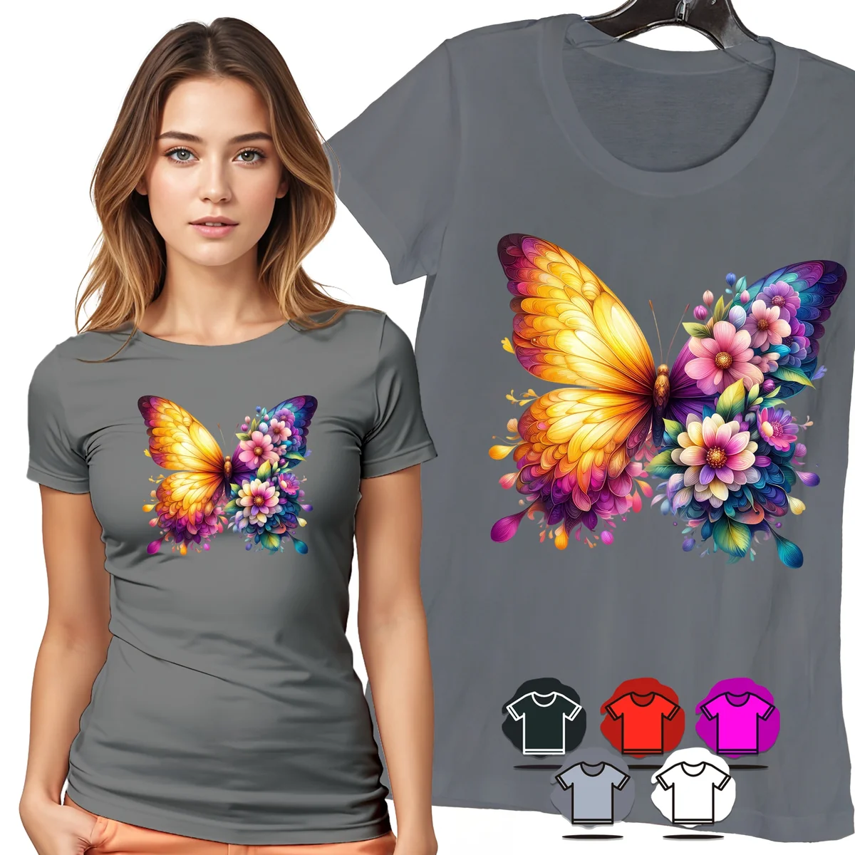 KOSZULKA DAMSKA T-SHIRT - MOTYL ŻÓŁTY KWIATY KOLOROWY WZÓR DLA NIEJ - 3XL
