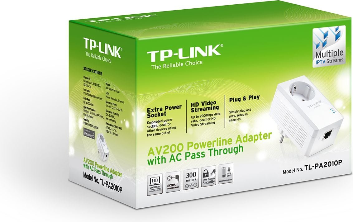 Adapter powerline TP-Link Power Line 200Mbps 1x10/100 z gniazdkiem elektr. TL-PA2010P
