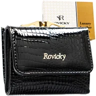 Portfele - Portfel damski mały na zatrzask i bigiel ROVICKY skórzany elegancki lakierowany rfid stop czarny - miniaturka - grafika 1